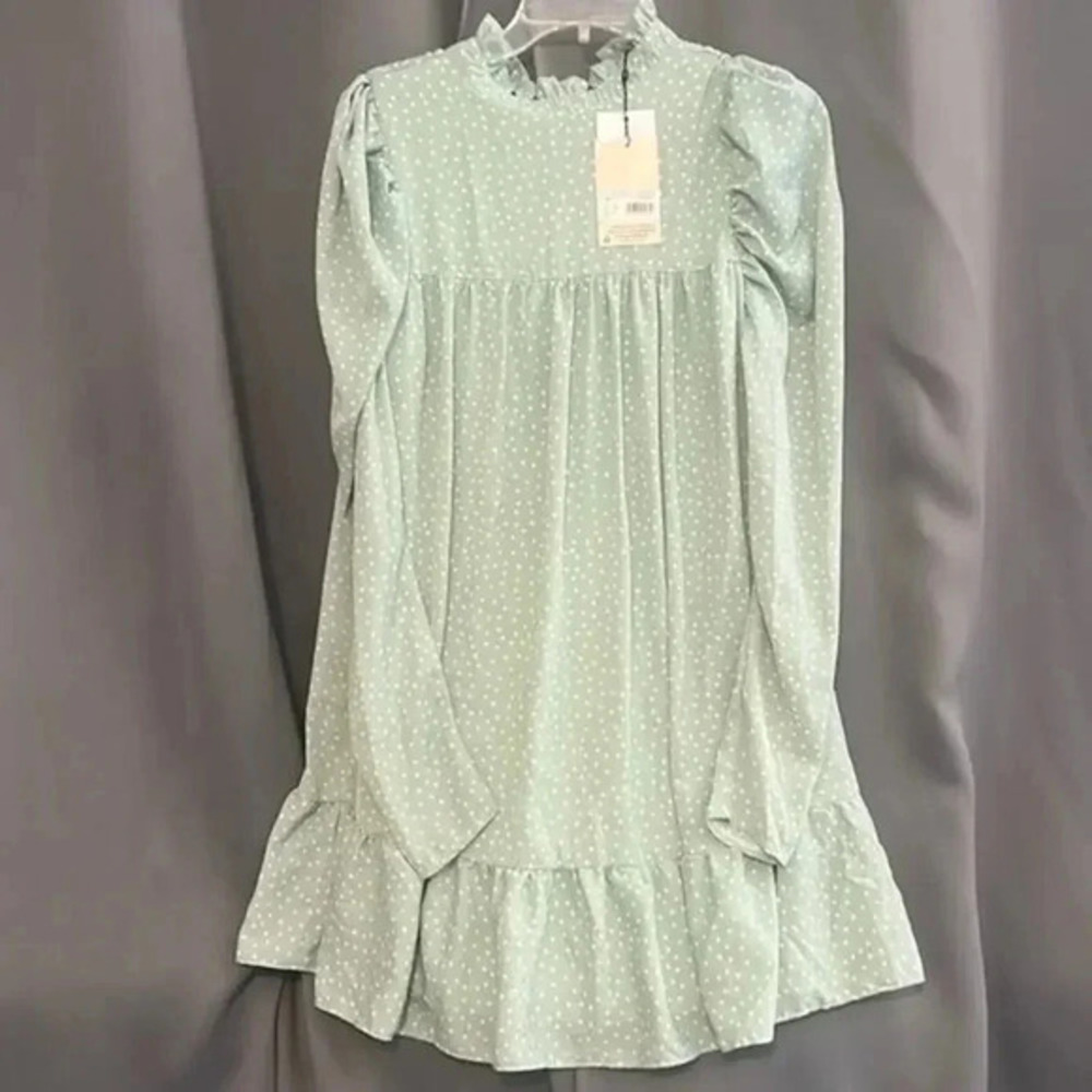 Missguided Peasant Mini Dress Puff Sleeve Mock Neck Green Polka Dot Size 4